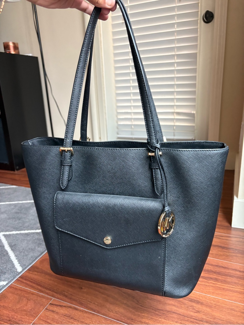 Michael Kors Black Leather Tote with Front Pocket and MK Charm